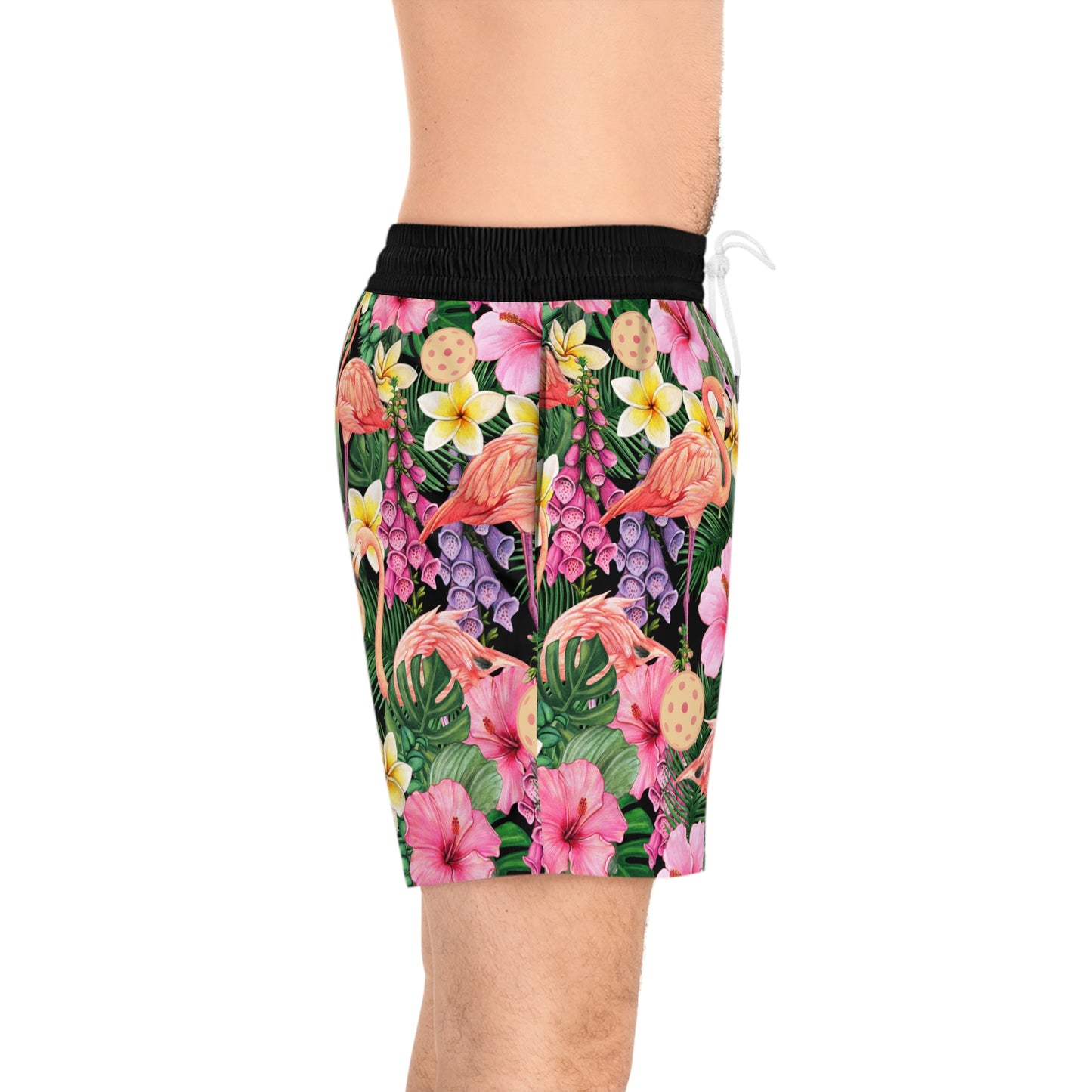 Men's Mid-Length Flamingos and Pickleballs Hawaiian Swimsuit