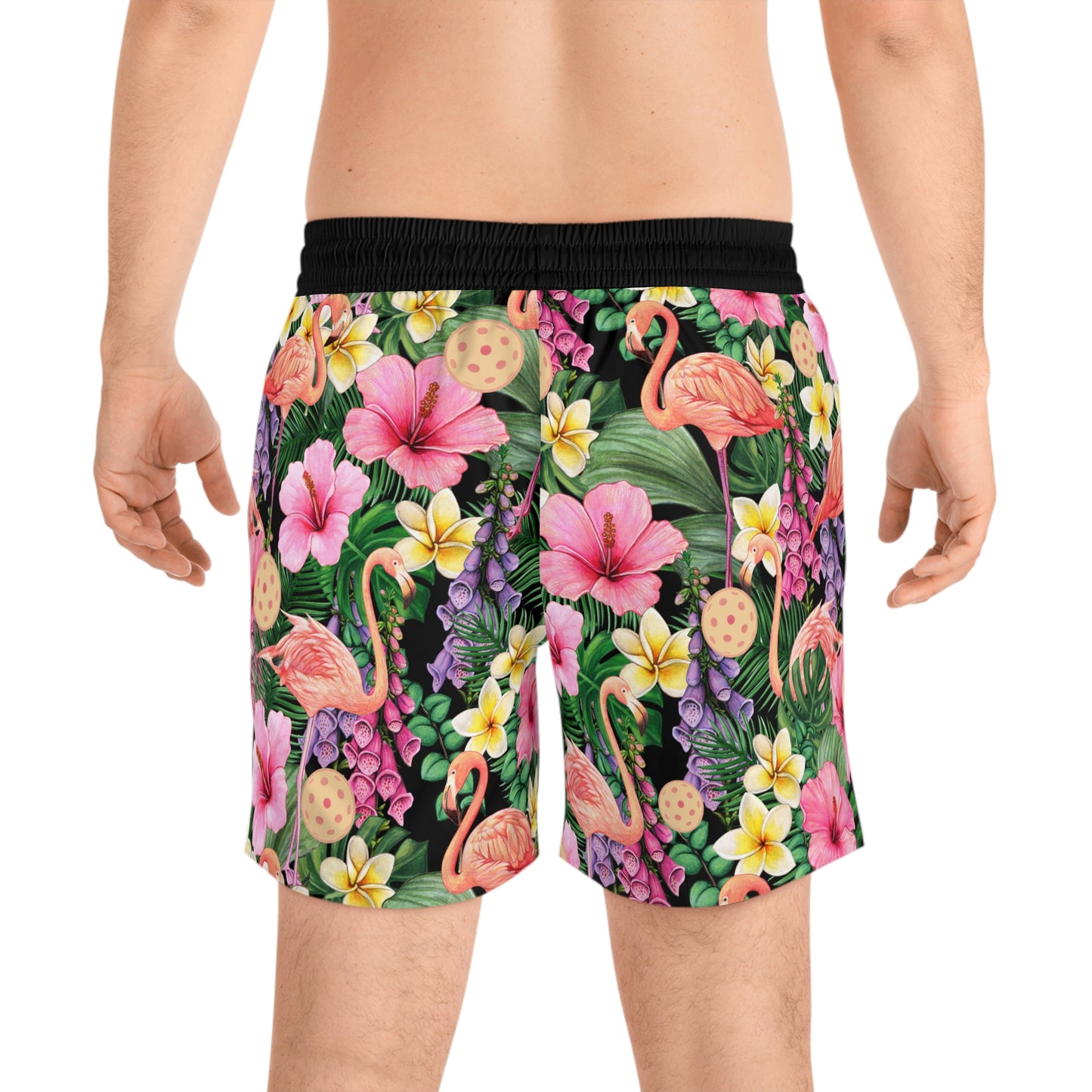 Men's Mid-Length Flamingos and Pickleballs Hawaiian Swimsuit