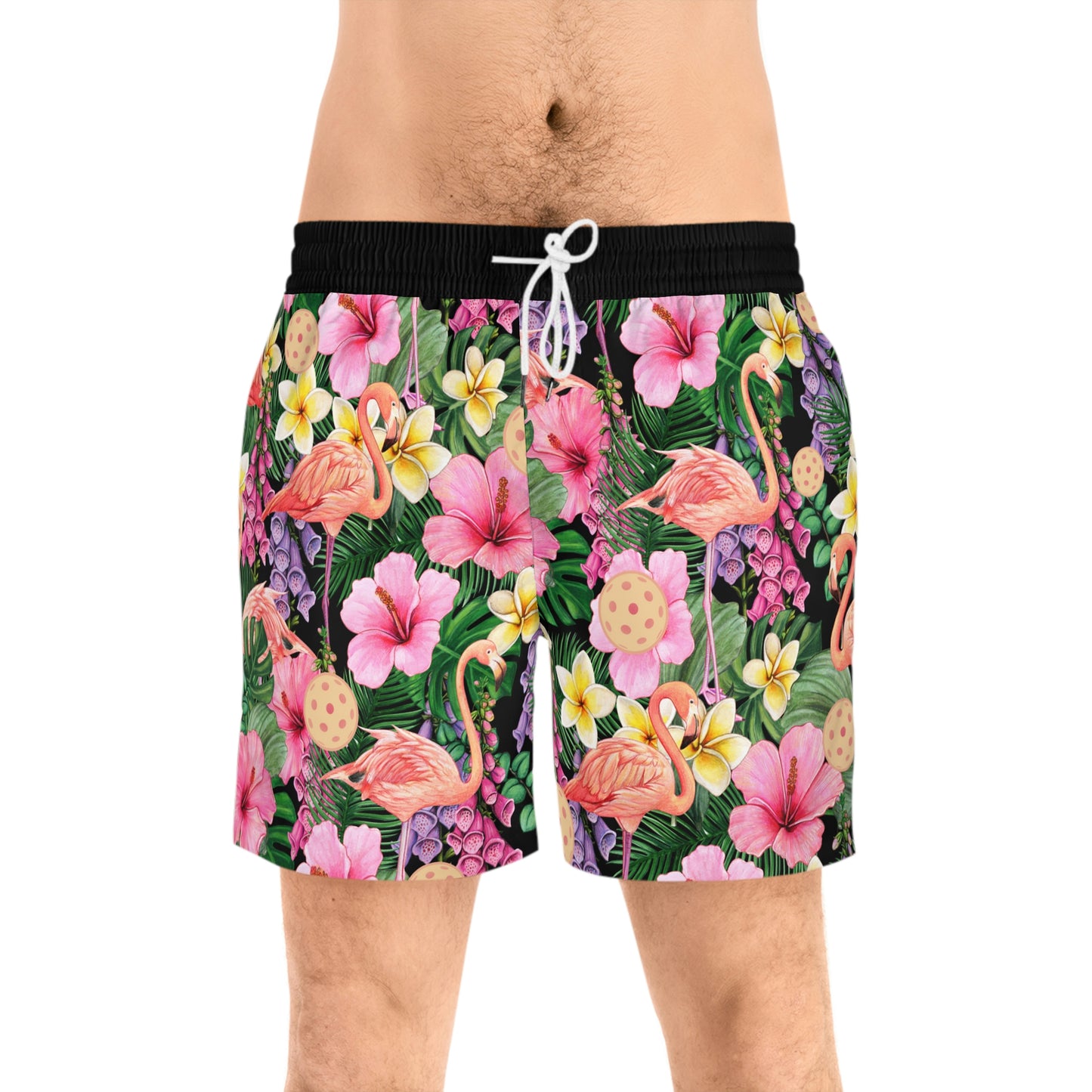 Men's Mid-Length Flamingos and Pickleballs Hawaiian Swimsuit