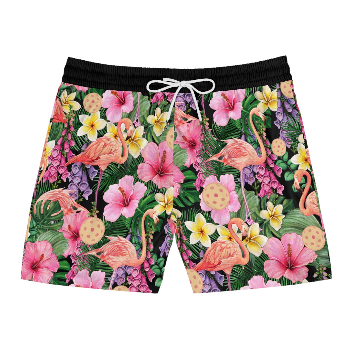 Men's Mid-Length Flamingos and Pickleballs Hawaiian Swimsuit