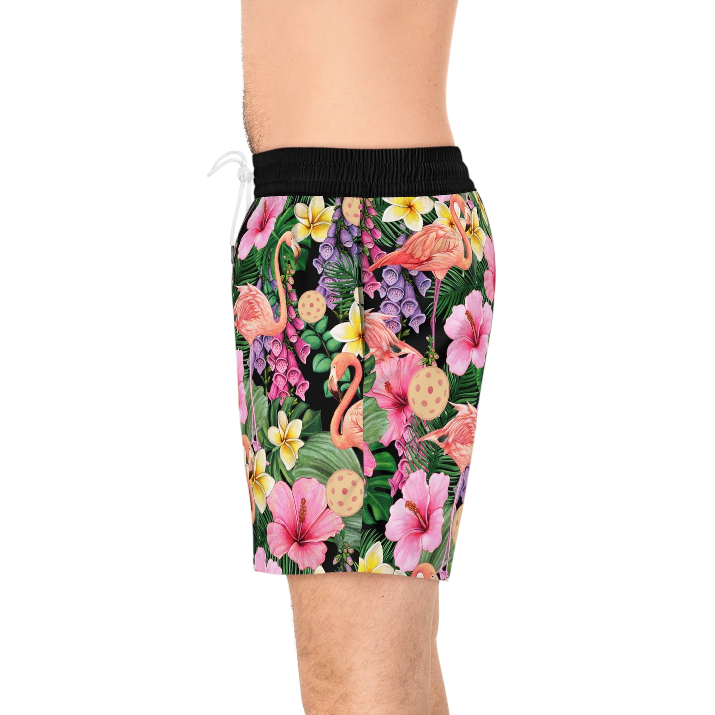 Men's Mid-Length Flamingos and Pickleballs Hawaiian Swimsuit