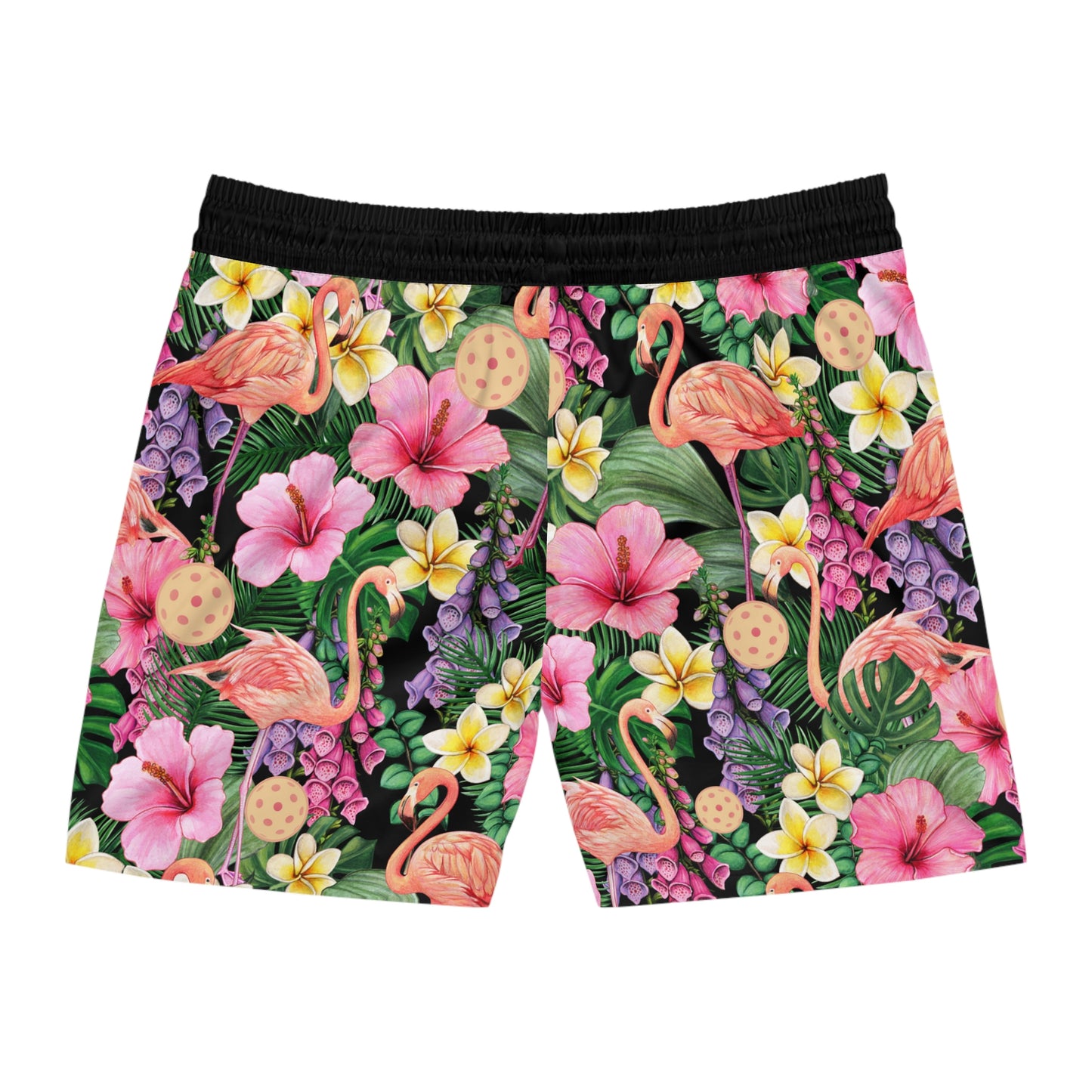 Men's Mid-Length Flamingos and Pickleballs Hawaiian Swimsuit